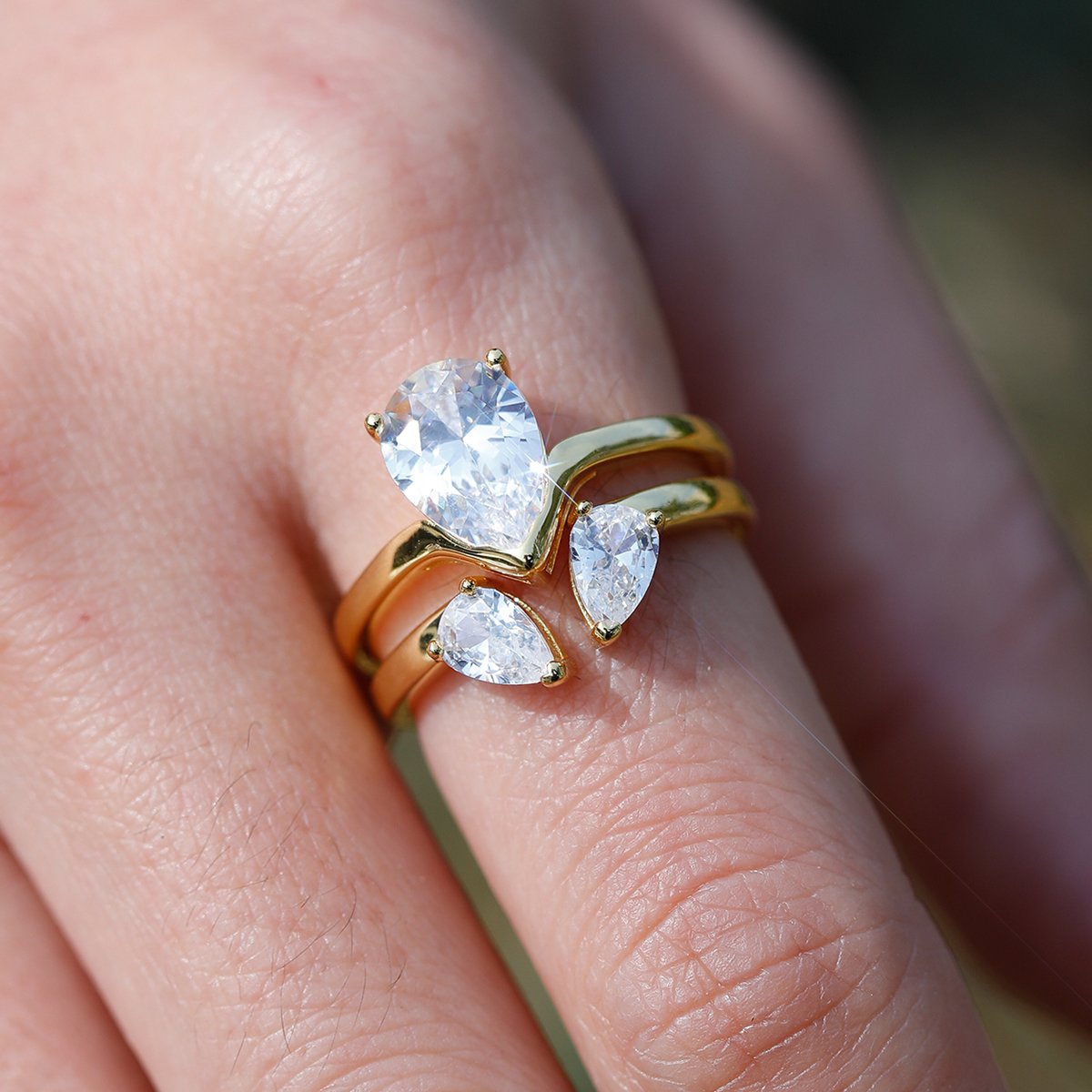 Pear Moissanite Chevron Stacking Ring Set in 18K Yellow Gold Vermeil - Image 3