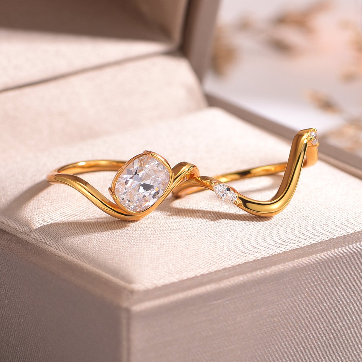 Elongated Cushion Moissanite Wave Stacking Ring Set - Image 2