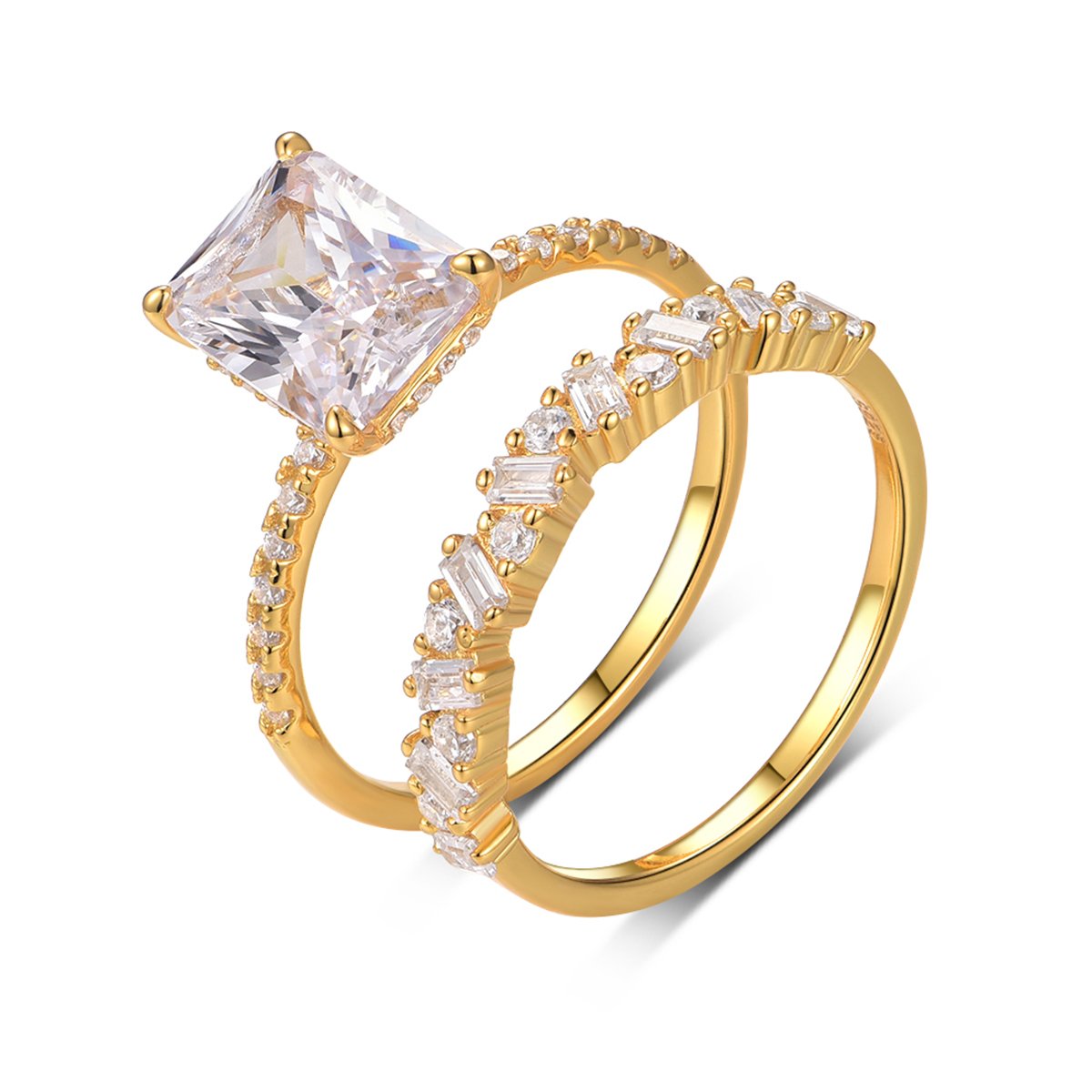 Radiant-Cut Moissanite Bridal Set in 18K Yellow Gold | 3ct Engagement Ring + Accent Band