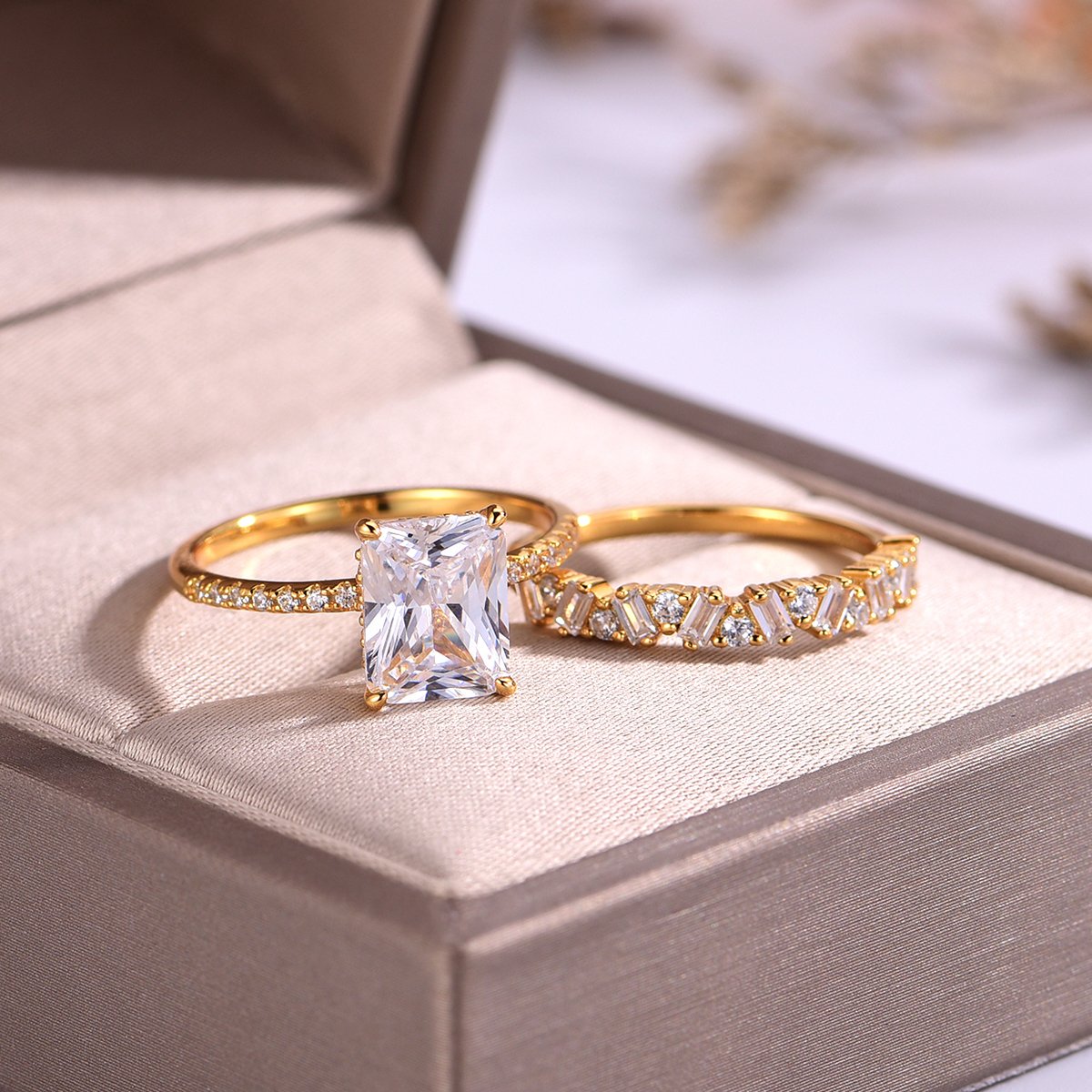 Radiant-Cut Moissanite Bridal Set in 18K Yellow Gold | 3ct Engagement Ring + Accent Band - Image 2