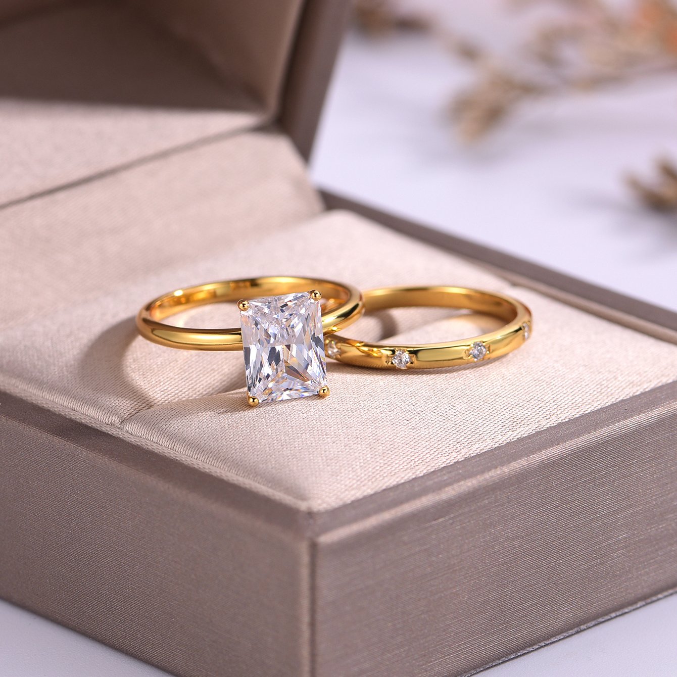 Radiant-Cut Moissanite Solitaire & Flush-Set Band Ring Set - Image 3