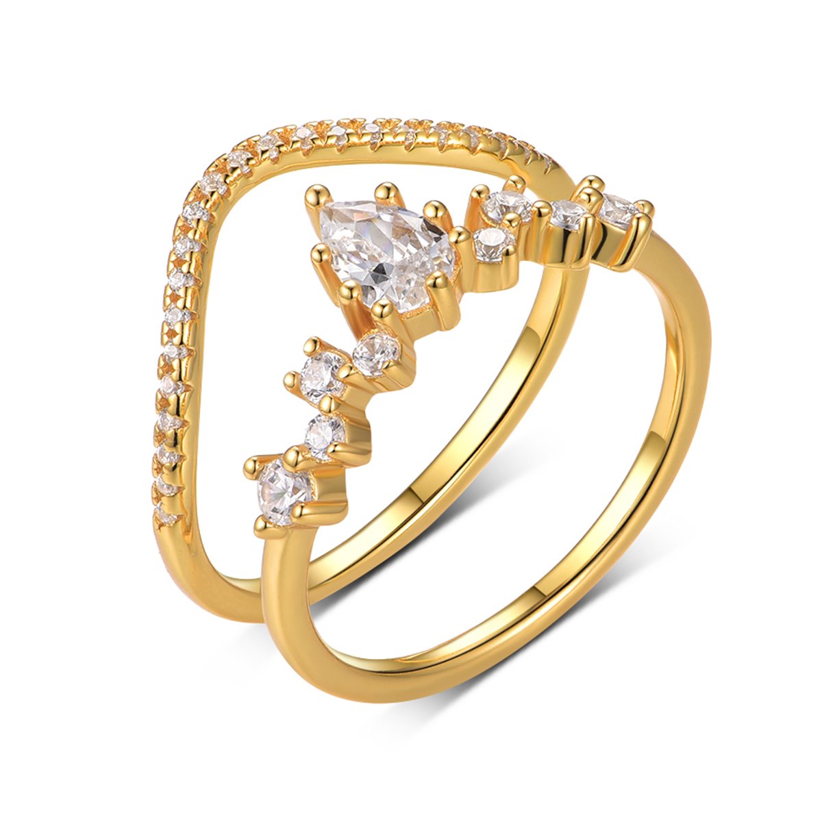 Dainty Pear-Cut Moissanite & Pave Stacking Ring Set in 18K Yellow Gold