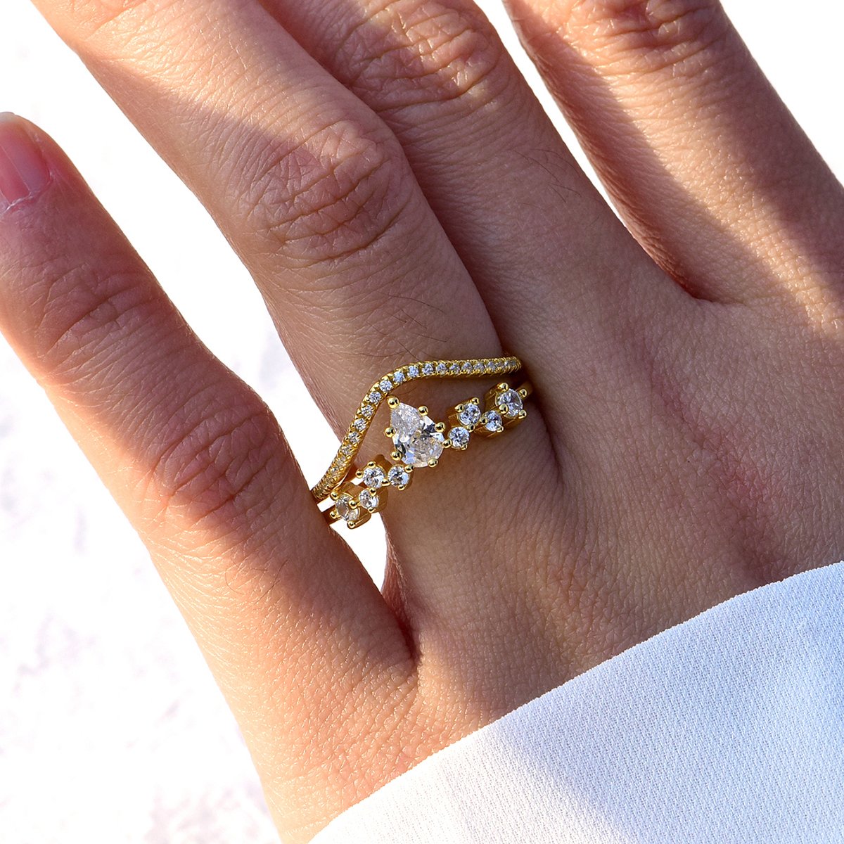 Dainty Pear-Cut Moissanite & Pave Stacking Ring Set in 18K Yellow Gold - Image 3