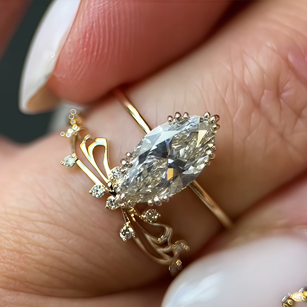 Marquise Moissanite Leaf & Vine Bridal Ring Set | 2.0ct DEW | Gold Over Silver - Image 3