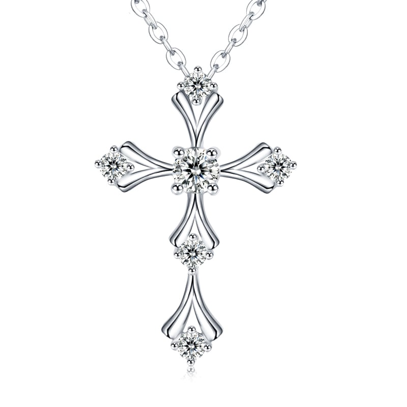 Gothic Cross Moissanite Necklace – 0.2ct DEW Fleur-de-Lis | White Gold 925 Silver