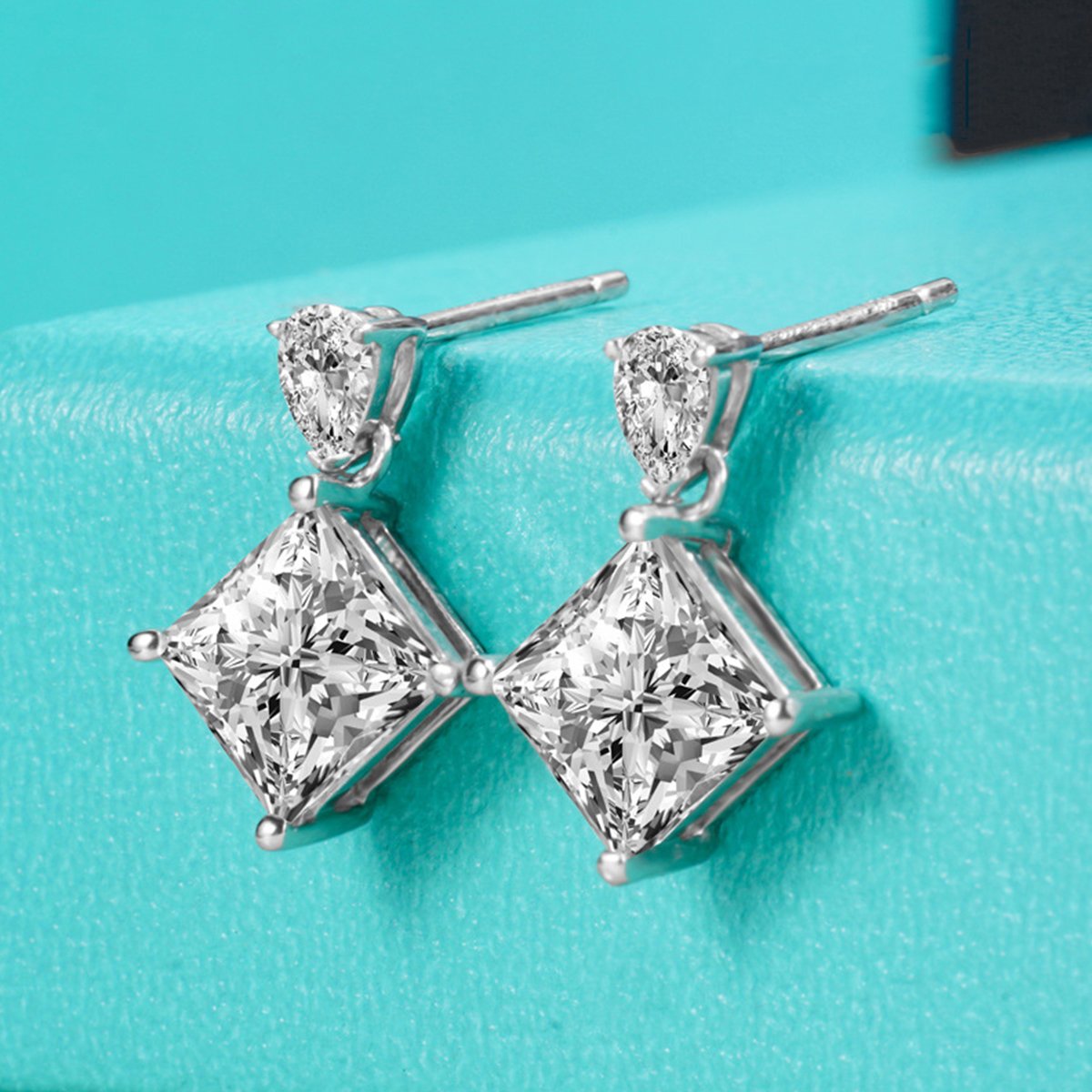 Princess-Cut Moissanite Drop Earrings with Pear Accents - Image 3