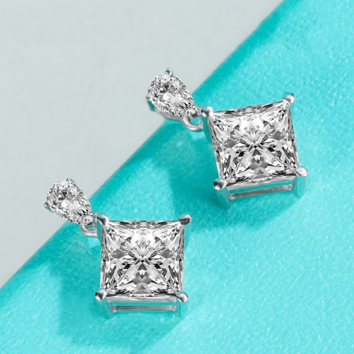 Princess-Cut Moissanite Drop Earrings with Pear Accents - Image 4