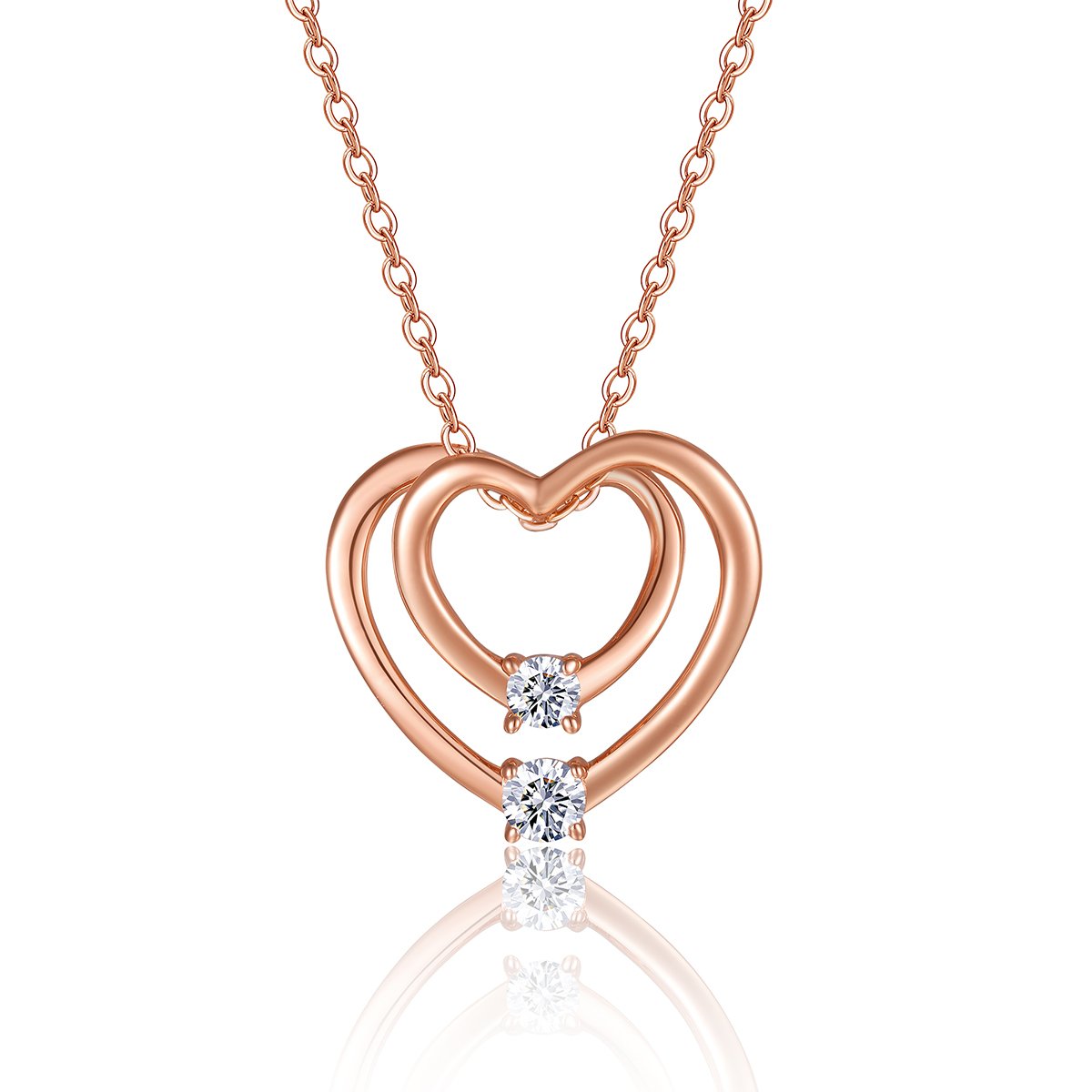 Moissanite Double Heart Necklace | Rose Gold Nested Open-Heart Pendant