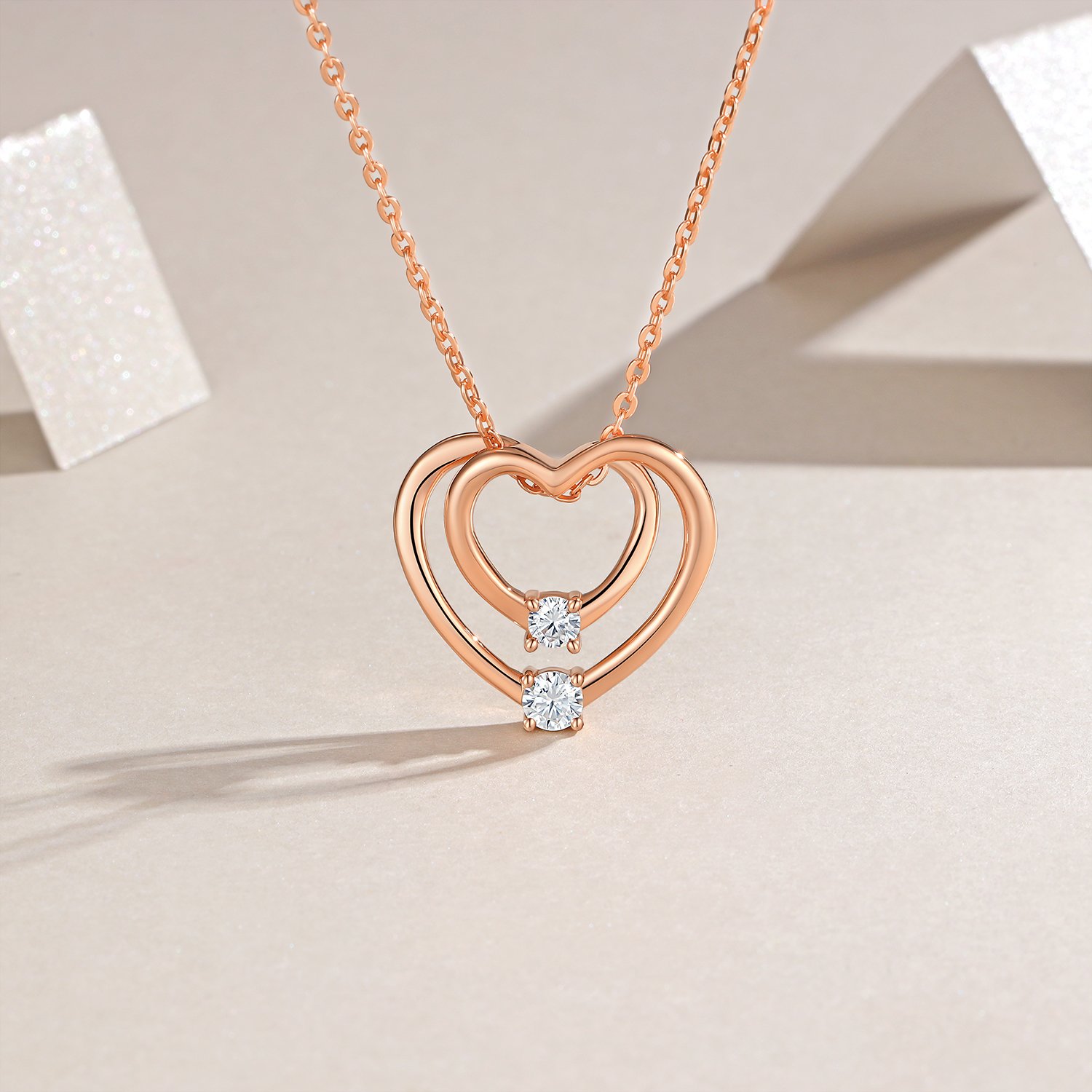 Moissanite Double Heart Necklace | Rose Gold Nested Open-Heart Pendant - Image 4
