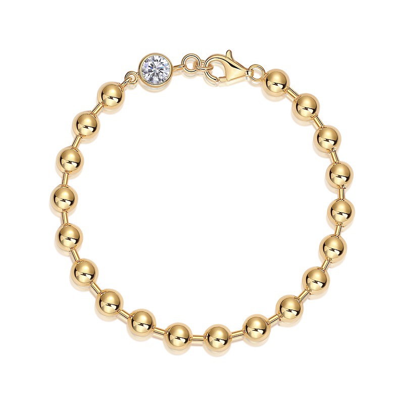 Gold Beaded Solitaire Moissanite Bracelet | 18K Gold-Plated 925 Silver Ball Chain