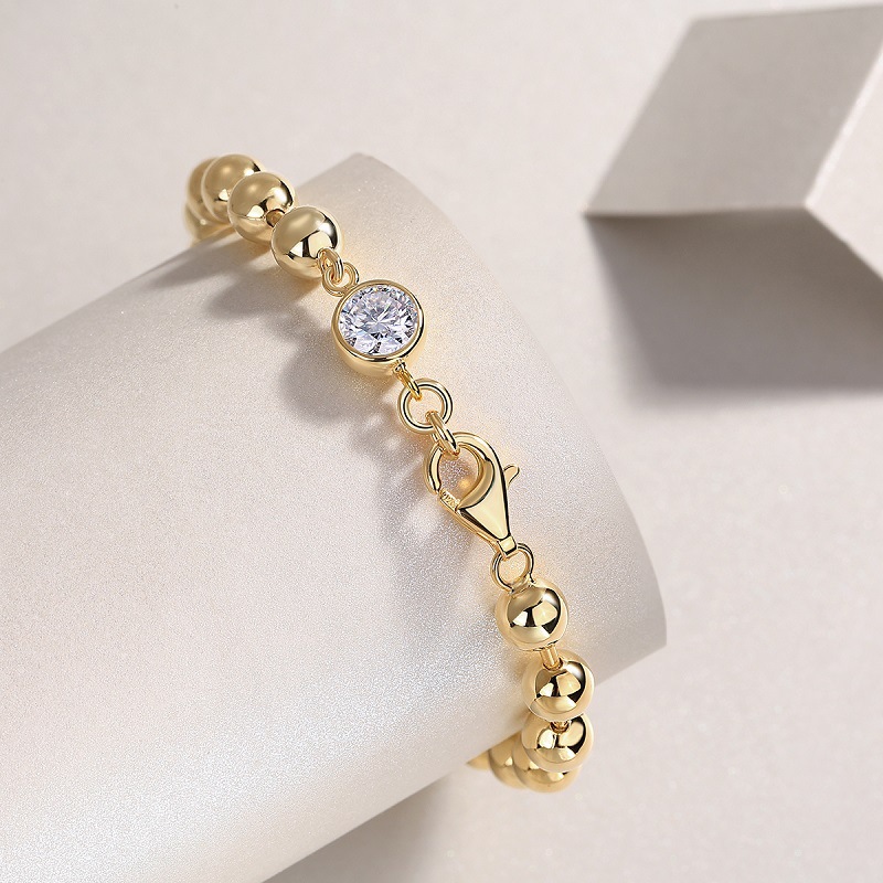 Gold Beaded Solitaire Moissanite Bracelet | 18K Gold-Plated 925 Silver Ball Chain - Image 3