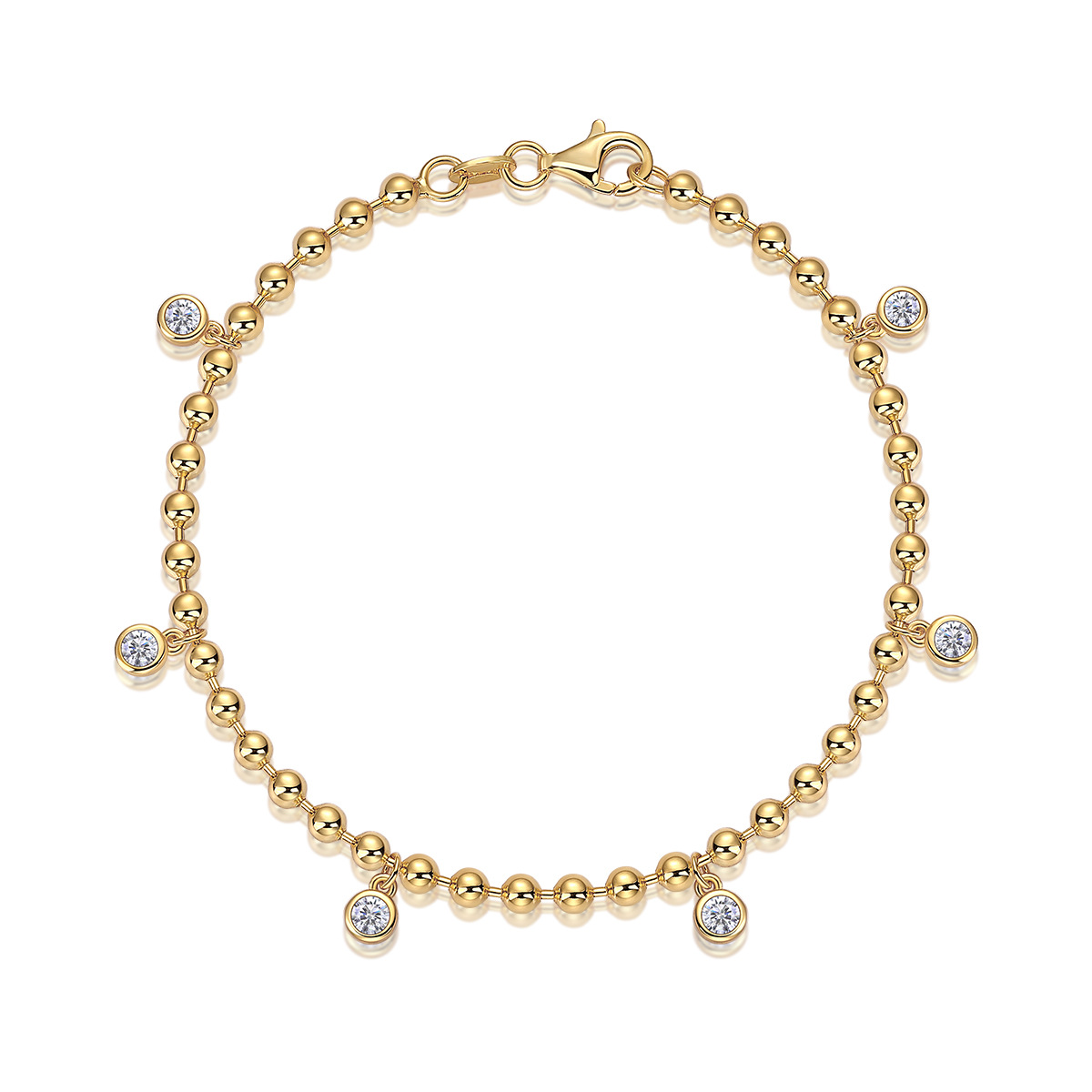 Gold Bead Moissanite Charm Bracelet | 5 Bezel-Set Round Drops | 925 Silver