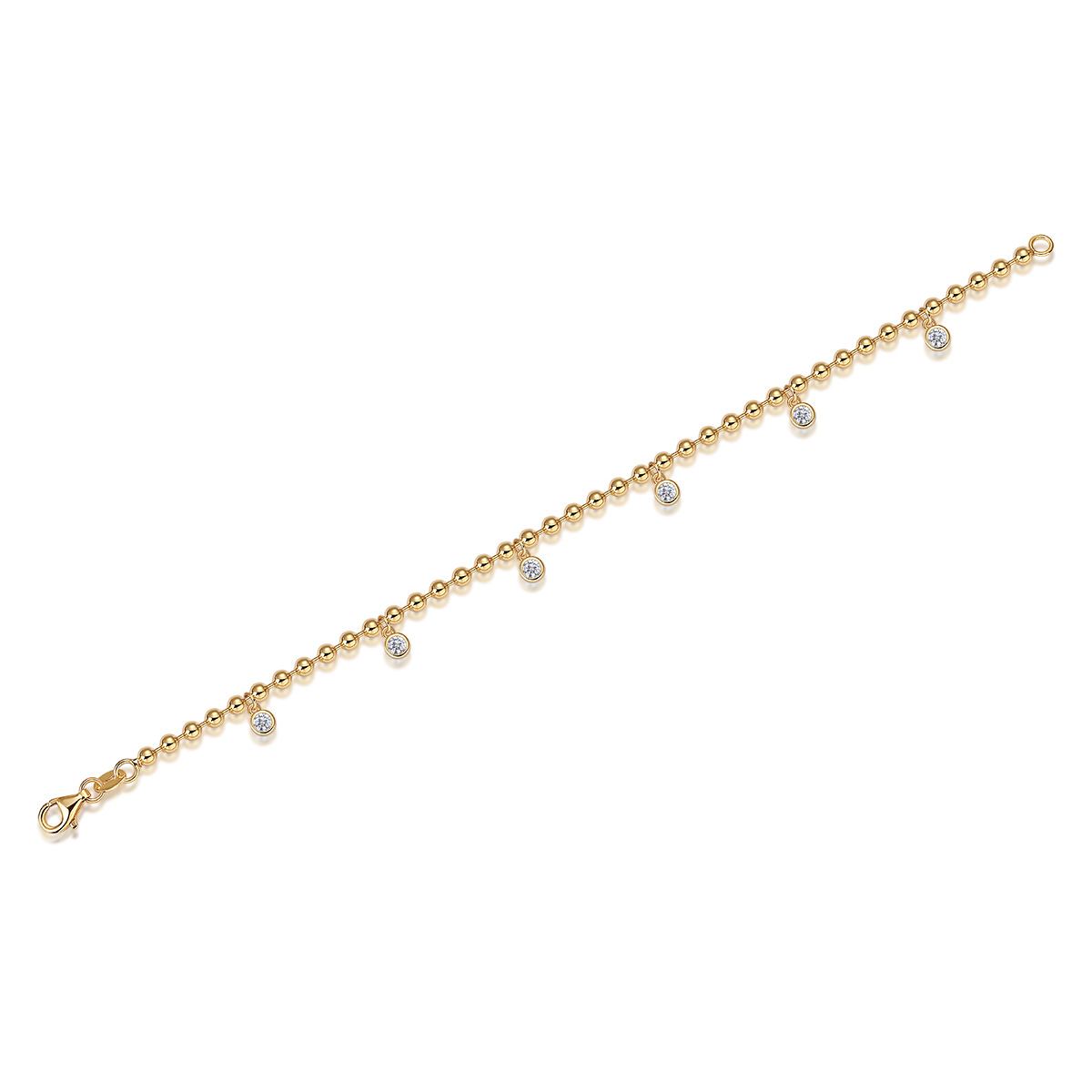 Gold Bead Moissanite Charm Bracelet | 5 Bezel-Set Round Drops | 925 Silver - Image 2