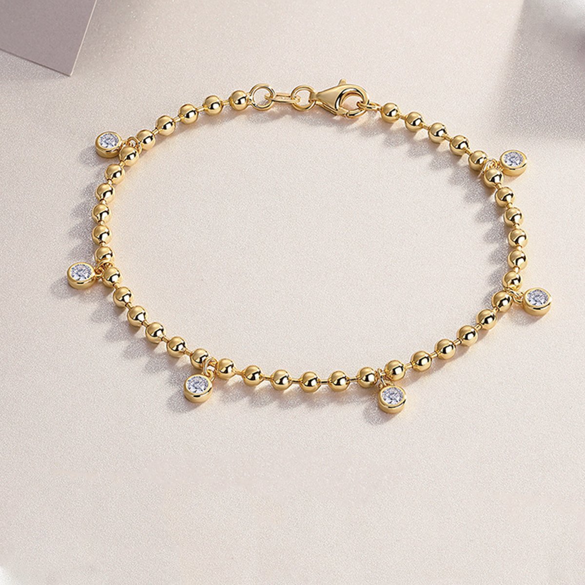 Gold Bead Moissanite Charm Bracelet | 5 Bezel-Set Round Drops | 925 Silver - Image 3