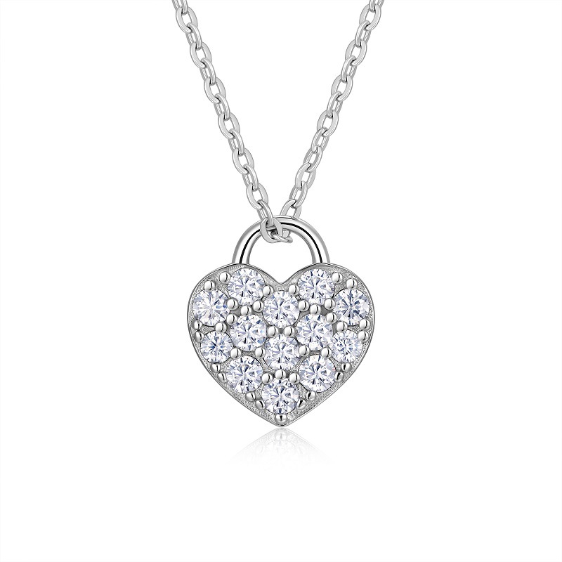 Pavé Moissanite Heart Lock Necklace | Round-Cut Padlock Pendant in 925 Sterling Silver