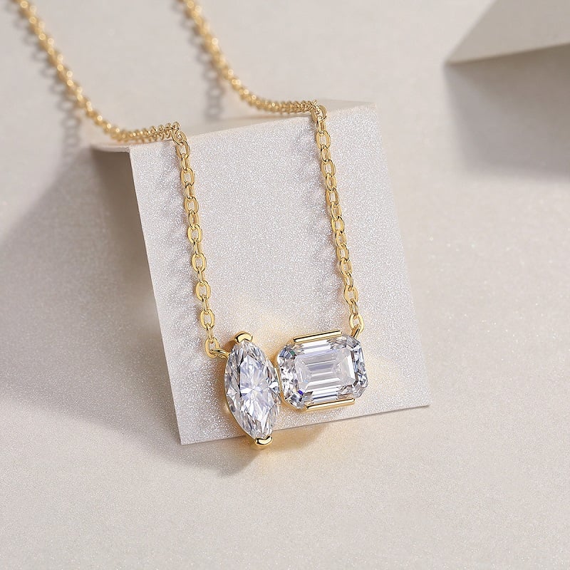 Toi et Moi Marquise & Emerald-Cut Moissanite Necklace | 3ct DEW 18K Gold - Image 4