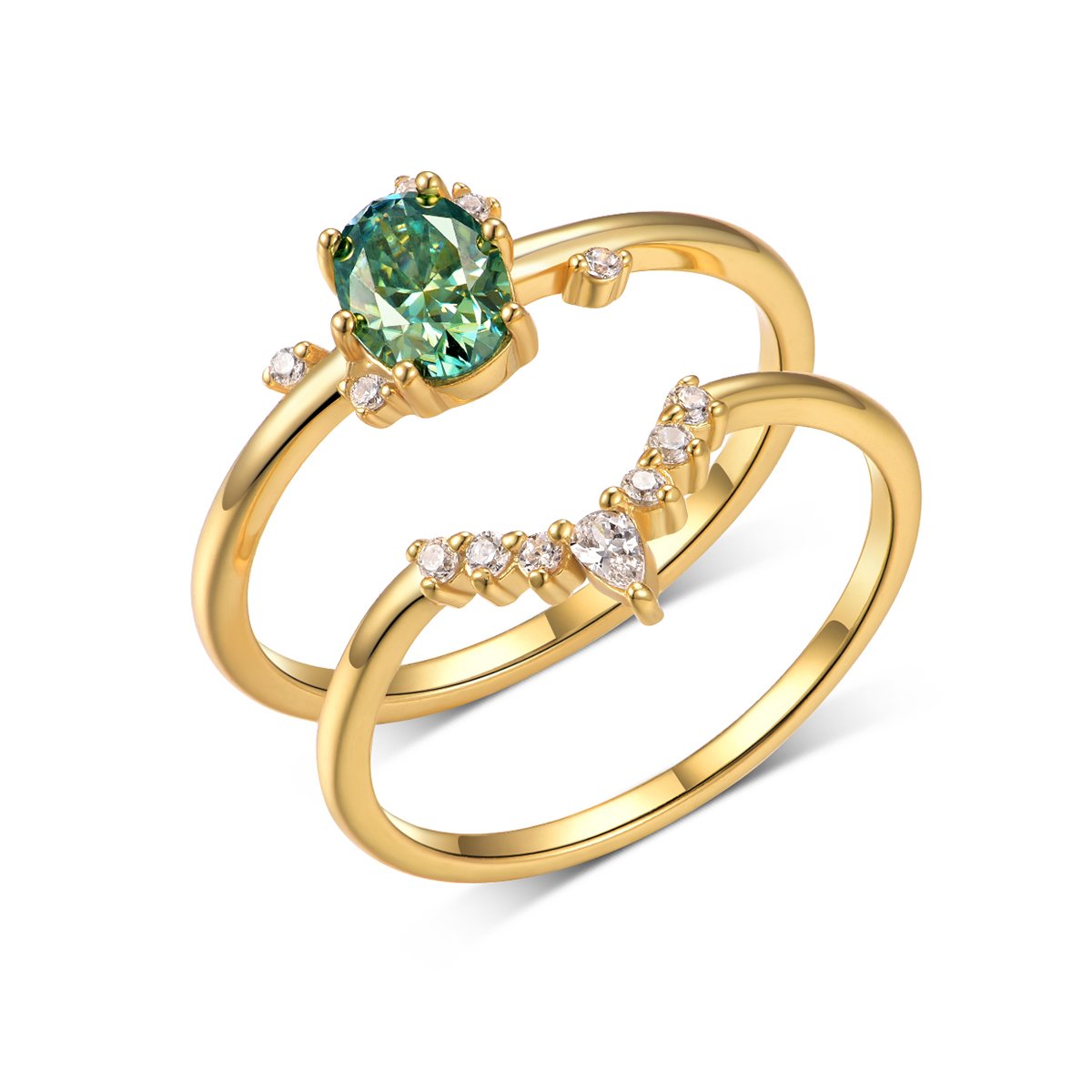 Oval Green Moissanite Bridal Ring Set | East-West Solitaire & Curved Pavé Band
