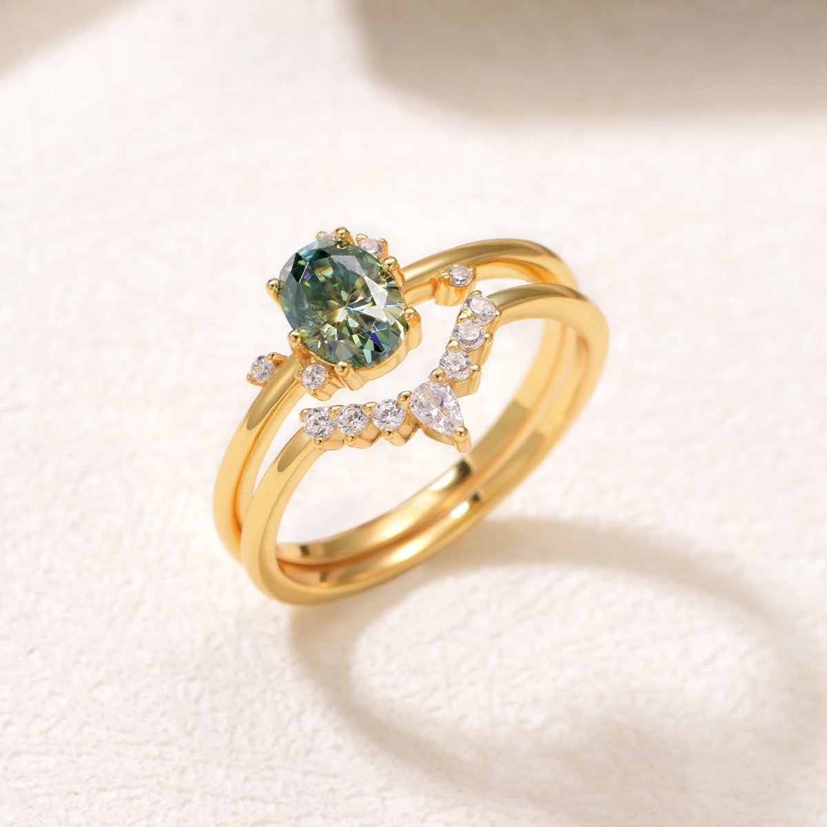 Oval Green Moissanite Bridal Ring Set | East-West Solitaire & Curved Pavé Band - Image 2