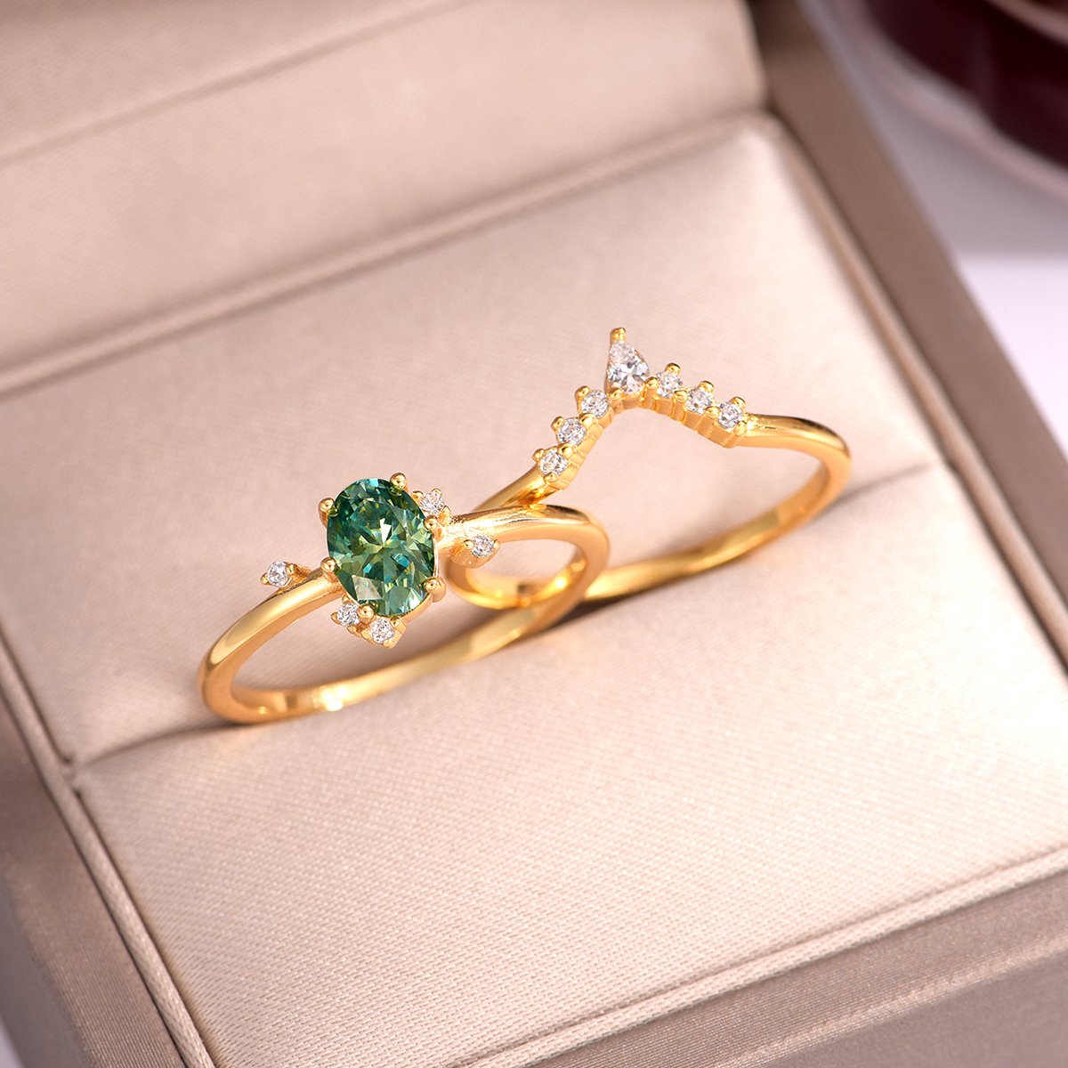 Oval Green Moissanite Bridal Ring Set | East-West Solitaire & Curved Pavé Band - Image 3