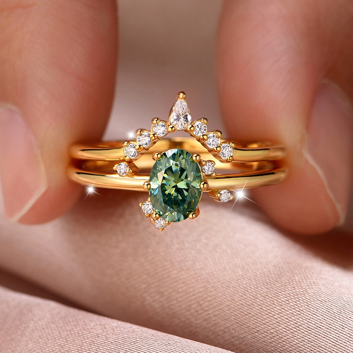 Oval Green Moissanite Bridal Ring Set | East-West Solitaire & Curved Pavé Band - Image 4
