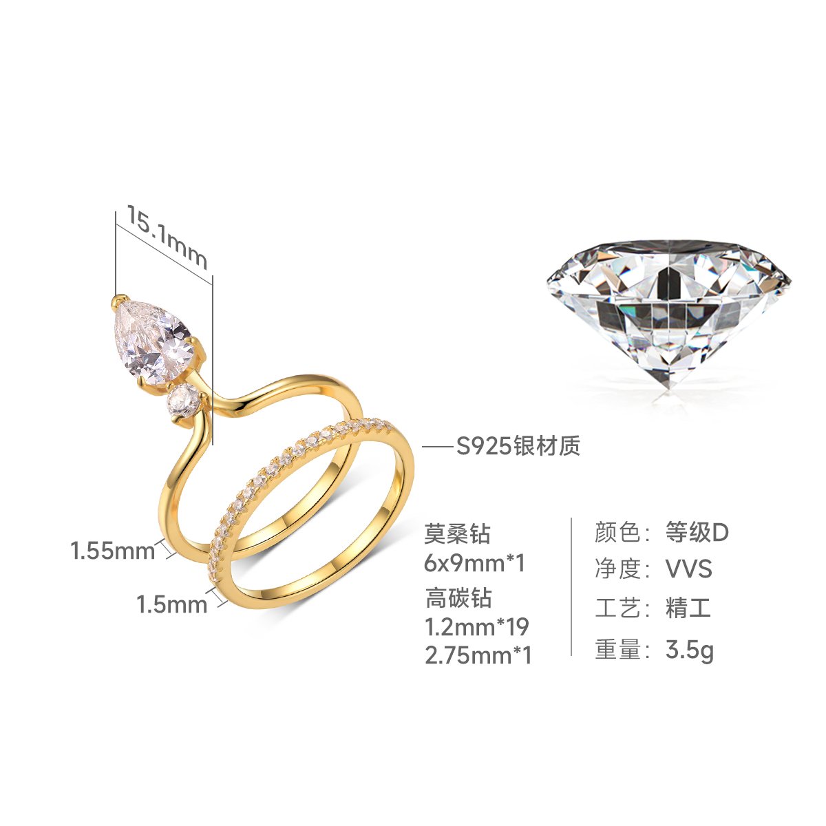 Pear Moissanite Contour Bridal Stacking Ring Set | 1.5ct DEW Pave Band - Image 5