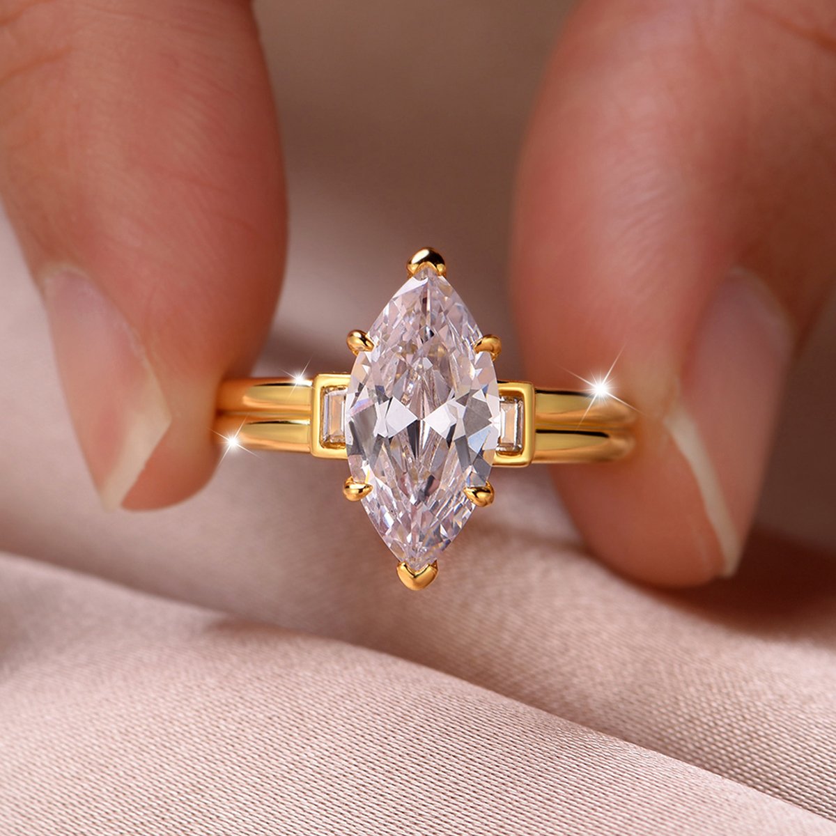 Marquise Moissanite Solitaire with Baguette Accents - Image 5