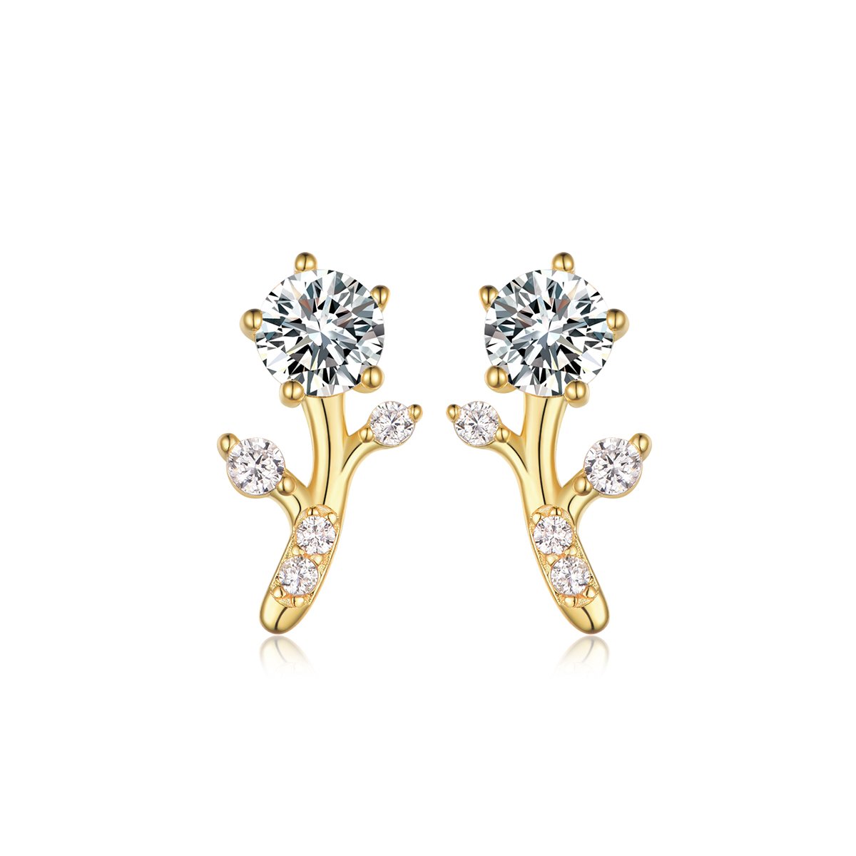 Moissanite Branch Sprig Stud Earrings | Round Solitaire with Pave Buds