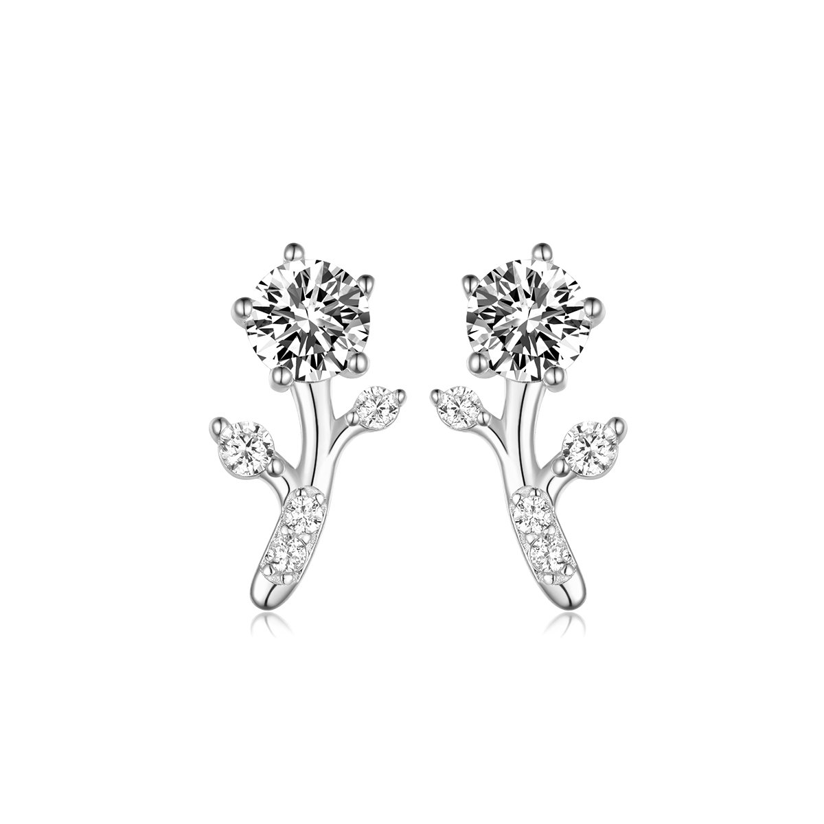 Moissanite Branch Sprig Stud Earrings | Round Solitaire with Pave Buds - Image 2