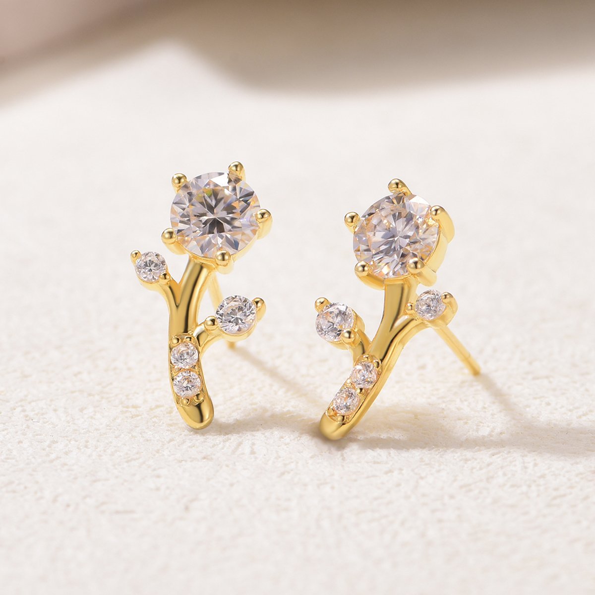 Moissanite Branch Sprig Stud Earrings | Round Solitaire with Pave Buds - Image 3