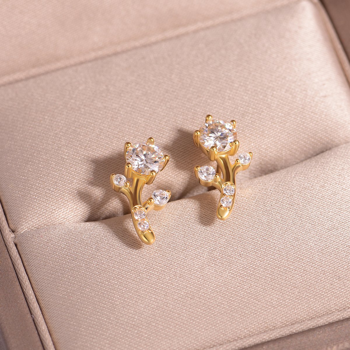 Moissanite Branch Sprig Stud Earrings | Round Solitaire with Pave Buds - Image 4