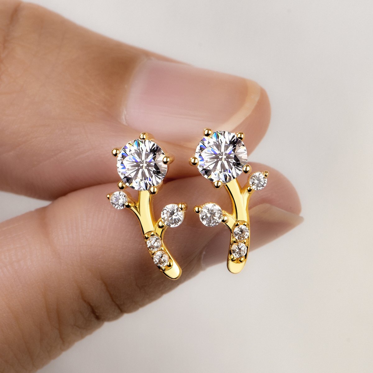 Moissanite Branch Sprig Stud Earrings | Round Solitaire with Pave Buds - Image 5