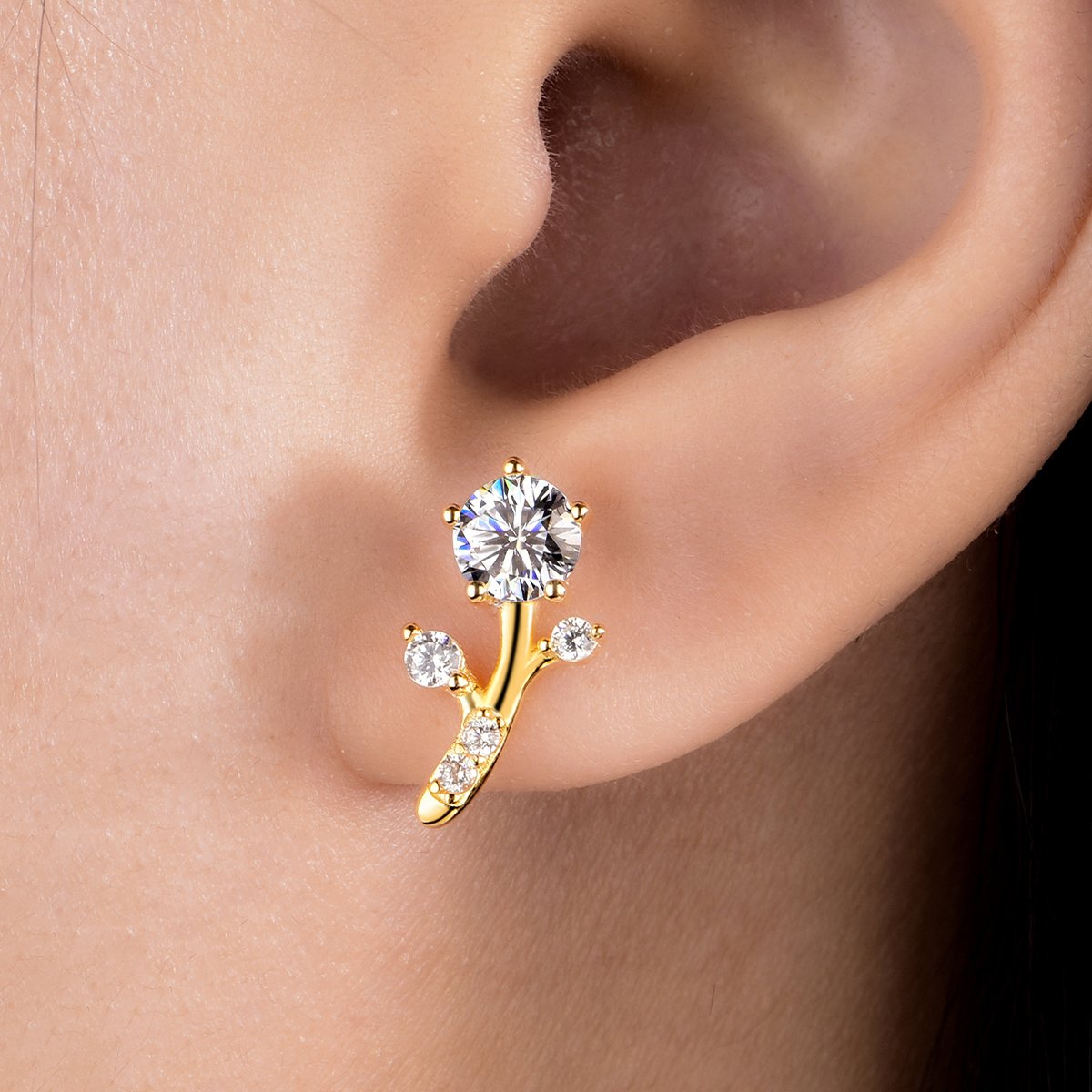 Moissanite Branch Sprig Stud Earrings | Round Solitaire with Pave Buds - Image 6