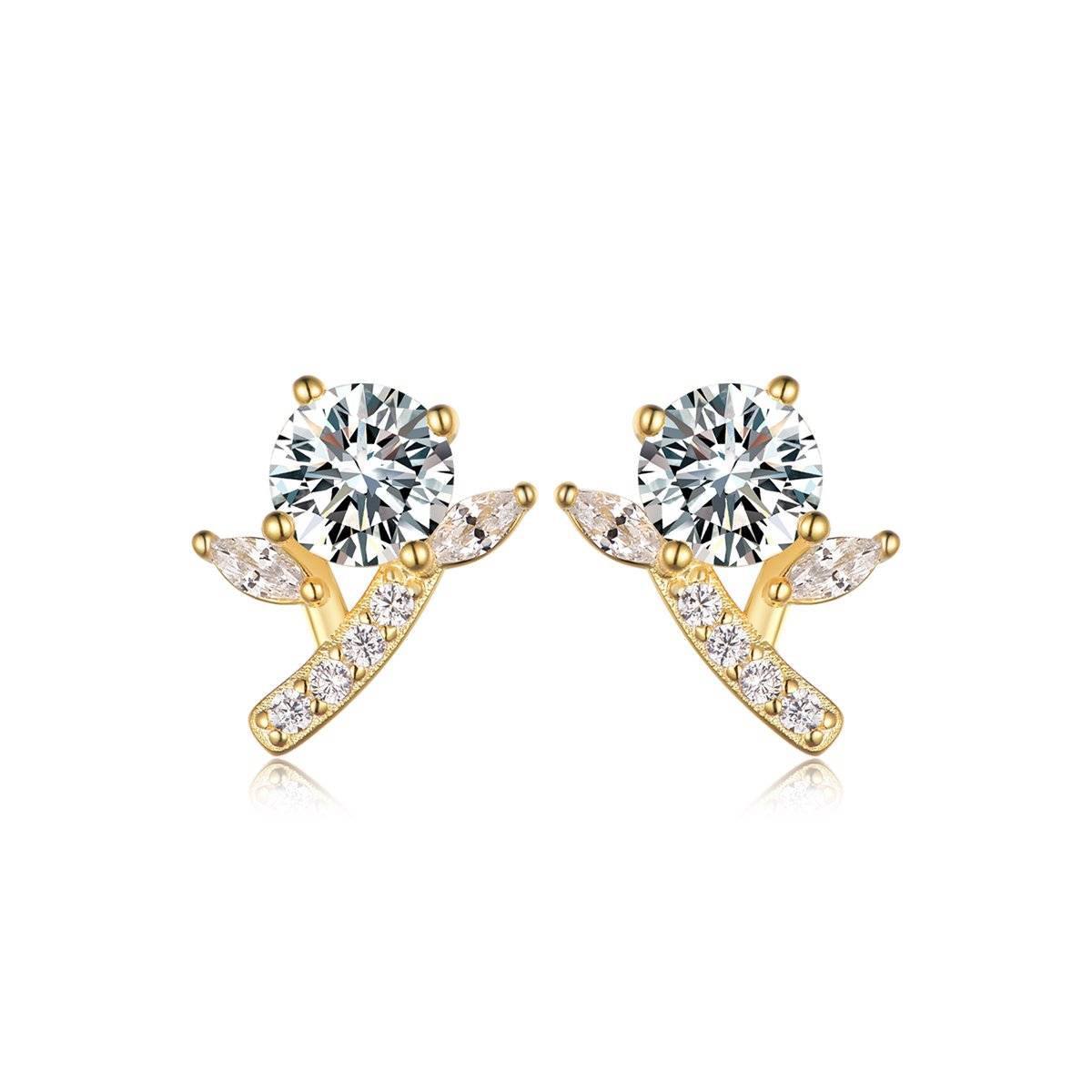 Round Moissanite Floral Spray Stud Earrings | Leaf & Stem | 1ct DEW