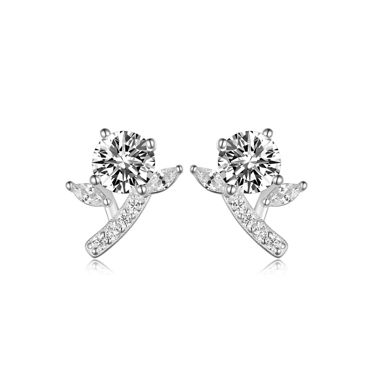 Round Moissanite Floral Spray Stud Earrings | Leaf & Stem | 1ct DEW - Image 2