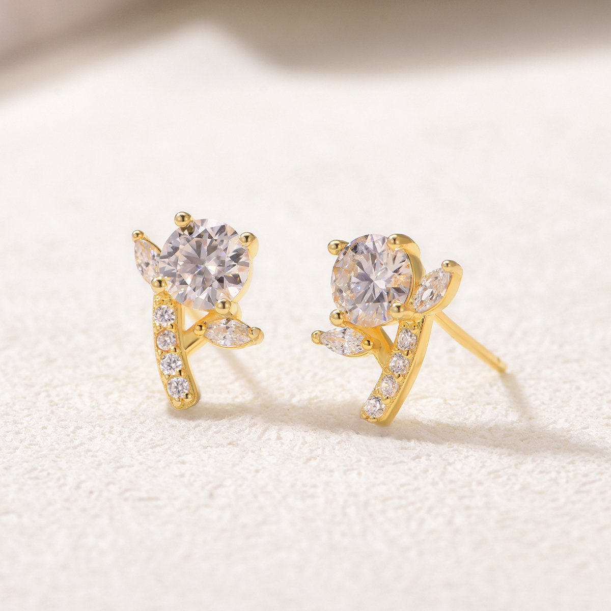 Round Moissanite Floral Spray Stud Earrings | Leaf & Stem | 1ct DEW - Image 3