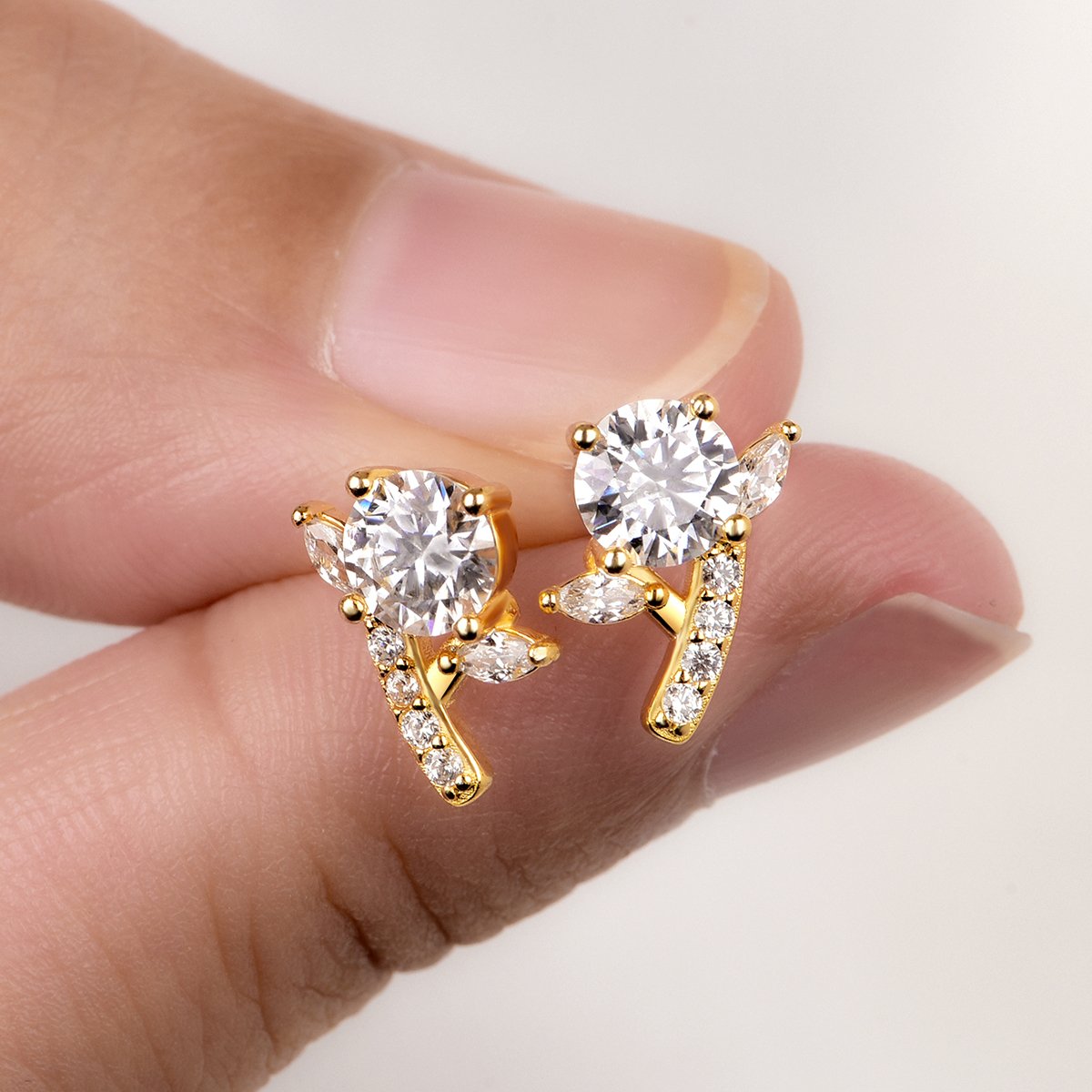 Round Moissanite Floral Spray Stud Earrings | Leaf & Stem | 1ct DEW - Image 5