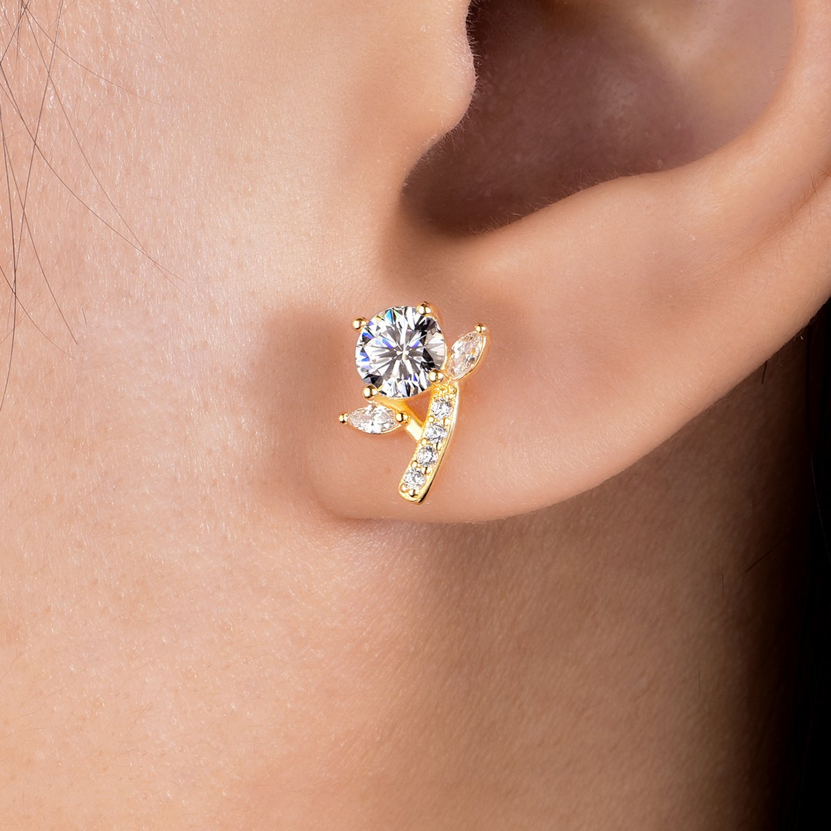 Round Moissanite Floral Spray Stud Earrings | Leaf & Stem | 1ct DEW - Image 6