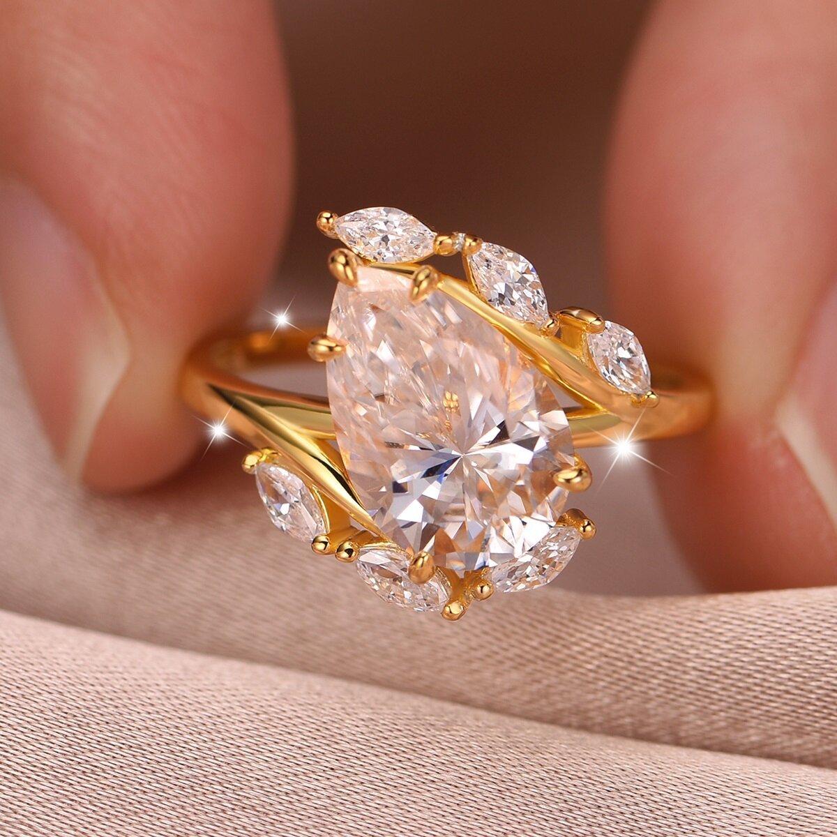 Oval-Cut Moissanite Ring with Marquise Vine Accents - Image 3