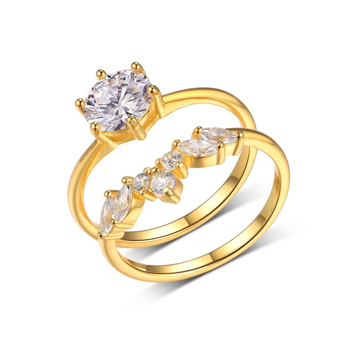 Round Moissanite Solitaire & Marquise Curved-Band Stacking Ring Set