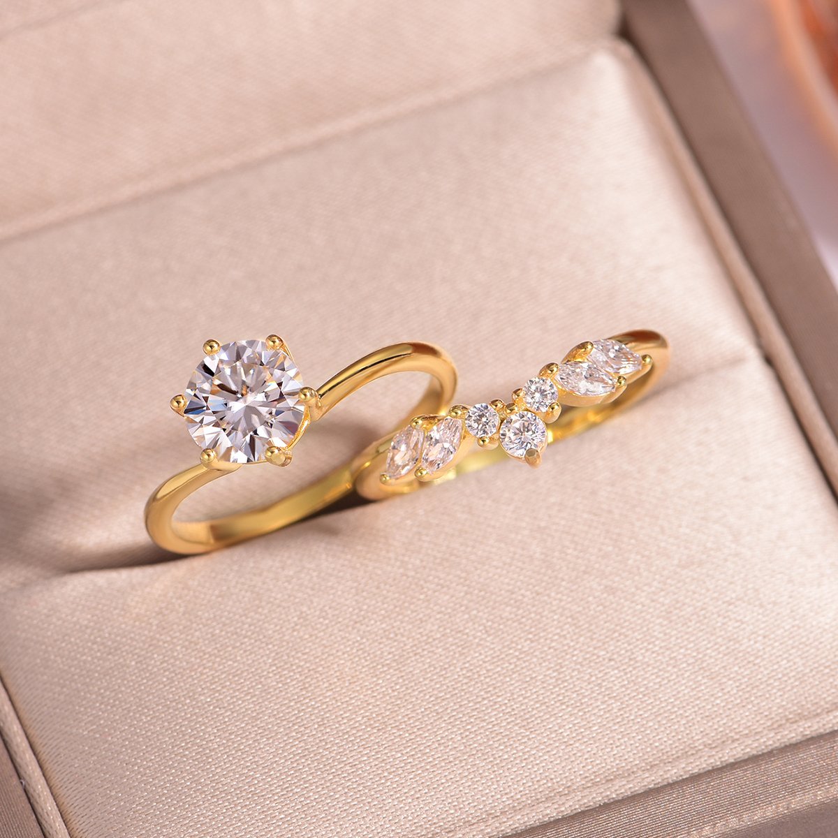 Round Moissanite Solitaire & Marquise Curved-Band Stacking Ring Set - alternate view