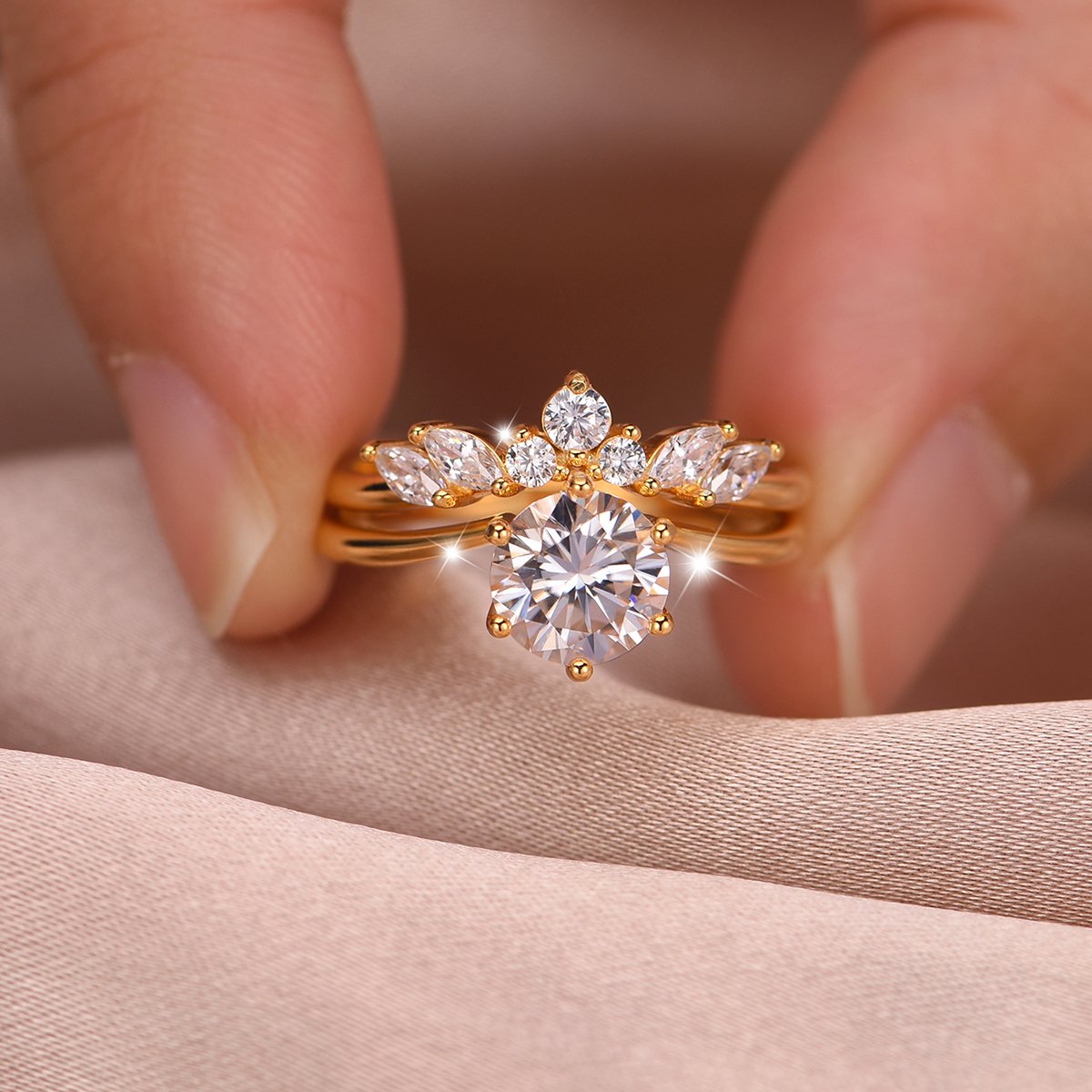 Round Moissanite Solitaire & Marquise Curved-Band Stacking Ring Set - Image 3