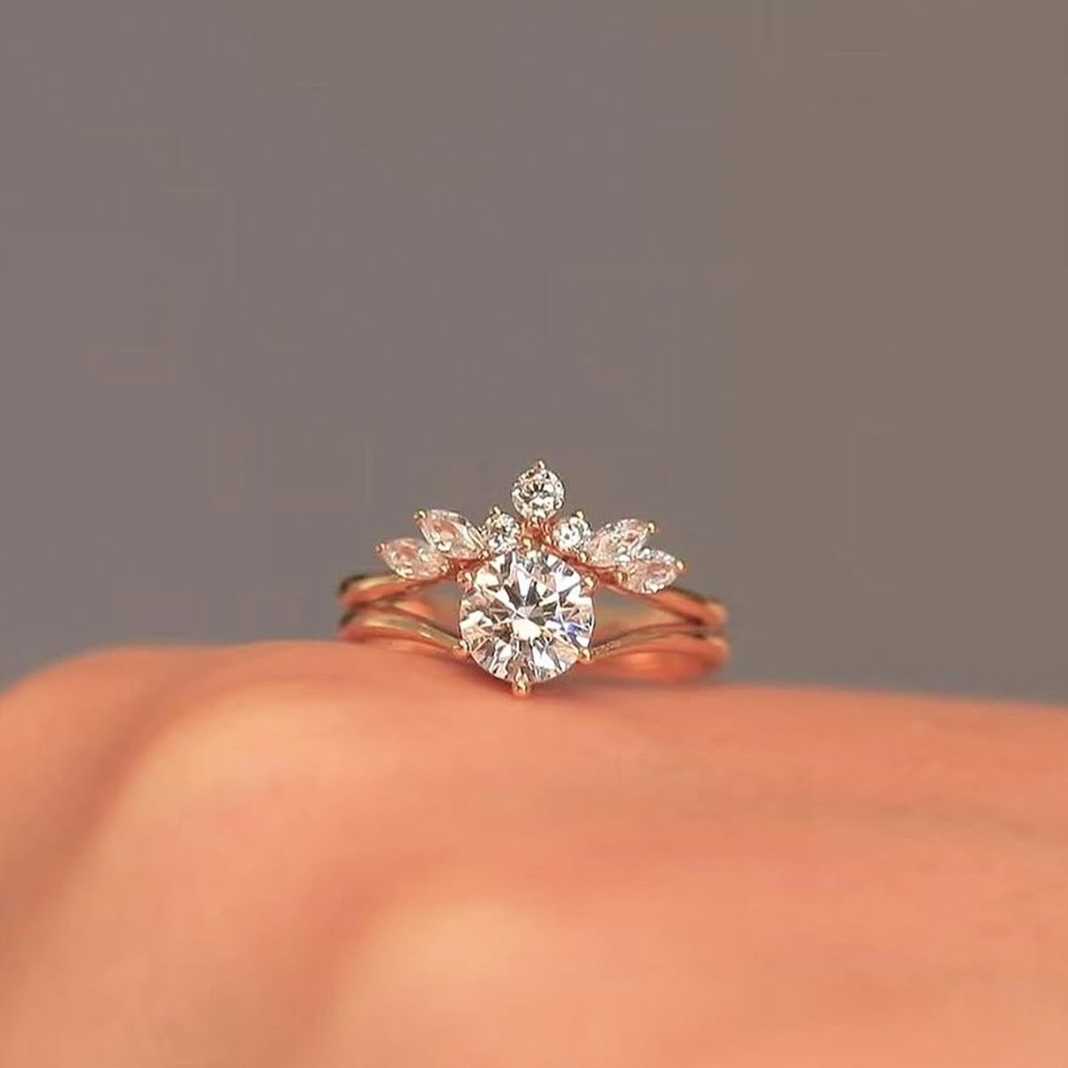 Round Moissanite Solitaire & Marquise Curved-Band Stacking Ring Set - Image 4