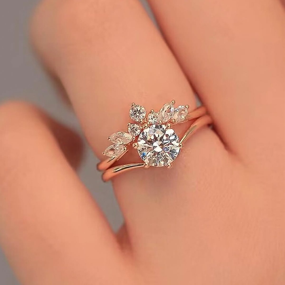 Round Moissanite Solitaire & Marquise Curved-Band Stacking Ring Set - Image 5
