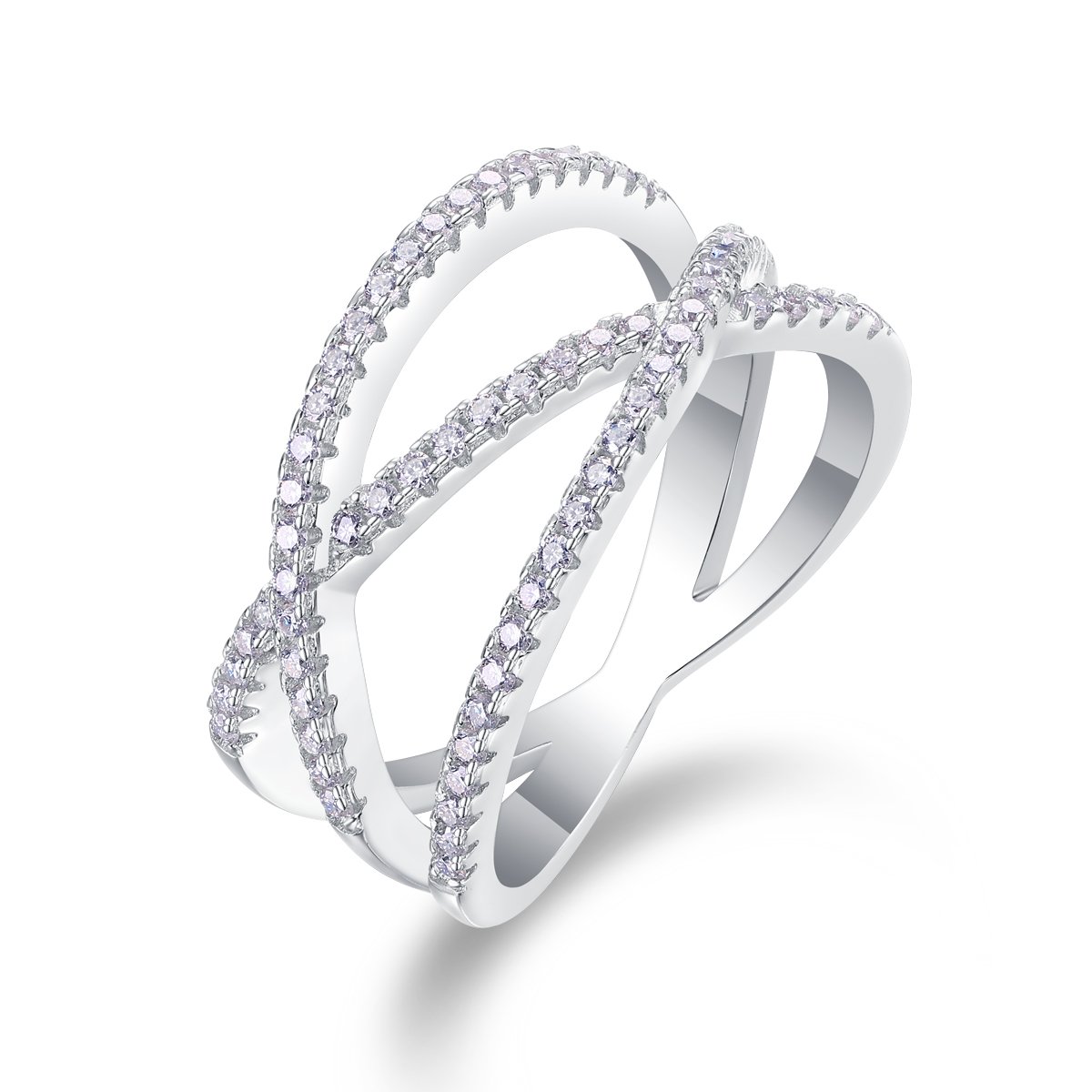 Moissanite Pavé Crossover Orbit Ring | White Gold Plated Sterling Silver