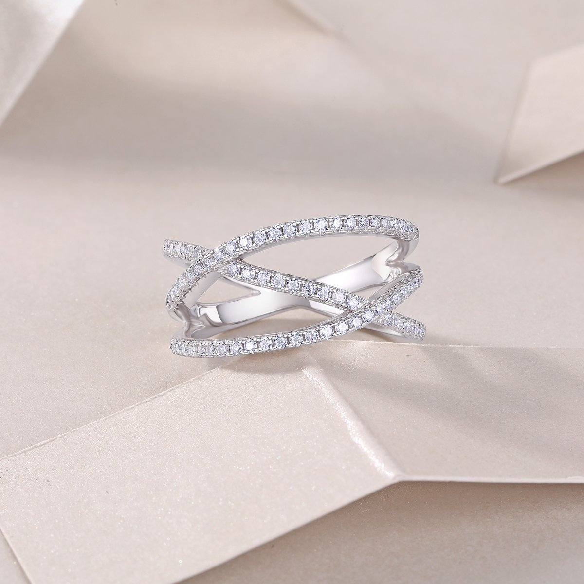 Moissanite Pavé Crossover Orbit Ring | White Gold Plated Sterling Silver - Image 5