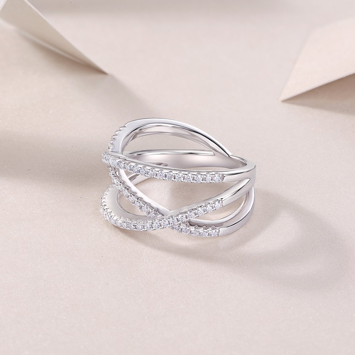 Moissanite Pavé Crossover Orbit Ring | White Gold Plated Sterling Silver - Image 6