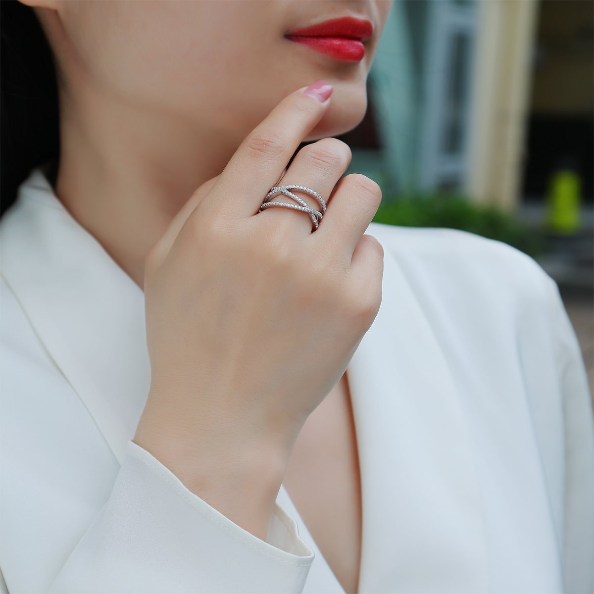 Moissanite Pavé Crossover Orbit Ring | White Gold Plated Sterling Silver - Image 7