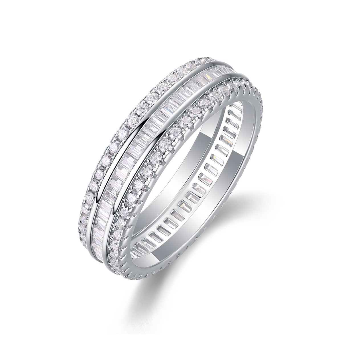 Baguette & Pave Full Eternity Moissanite Ring | 18K White Gold Plated 925 Silver