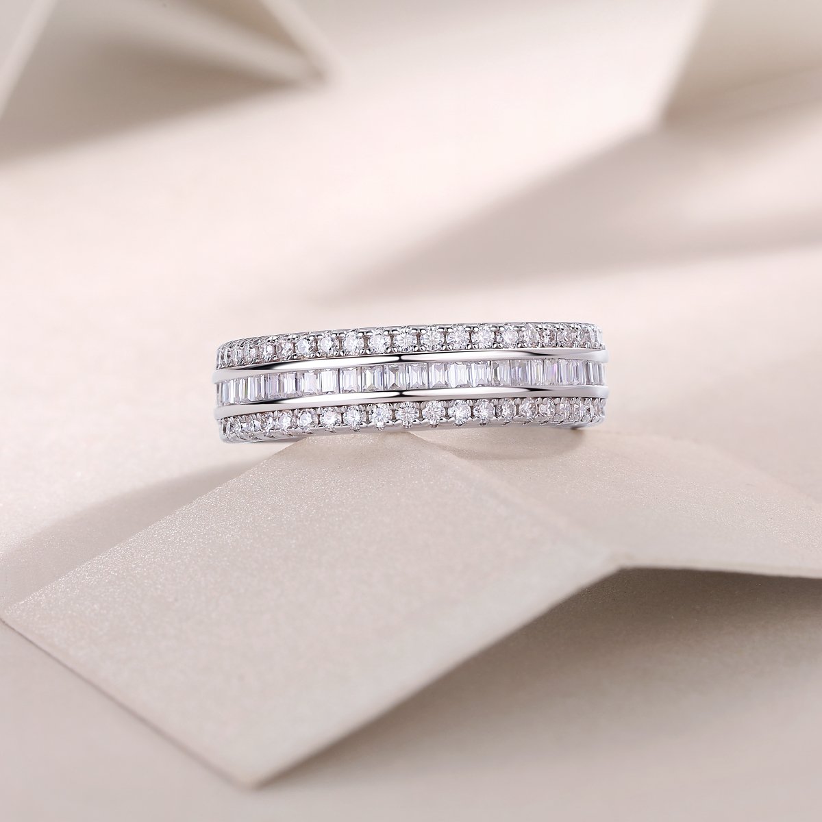 Baguette & Pave Full Eternity Moissanite Ring | 18K White Gold Plated 925 Silver - Image 6