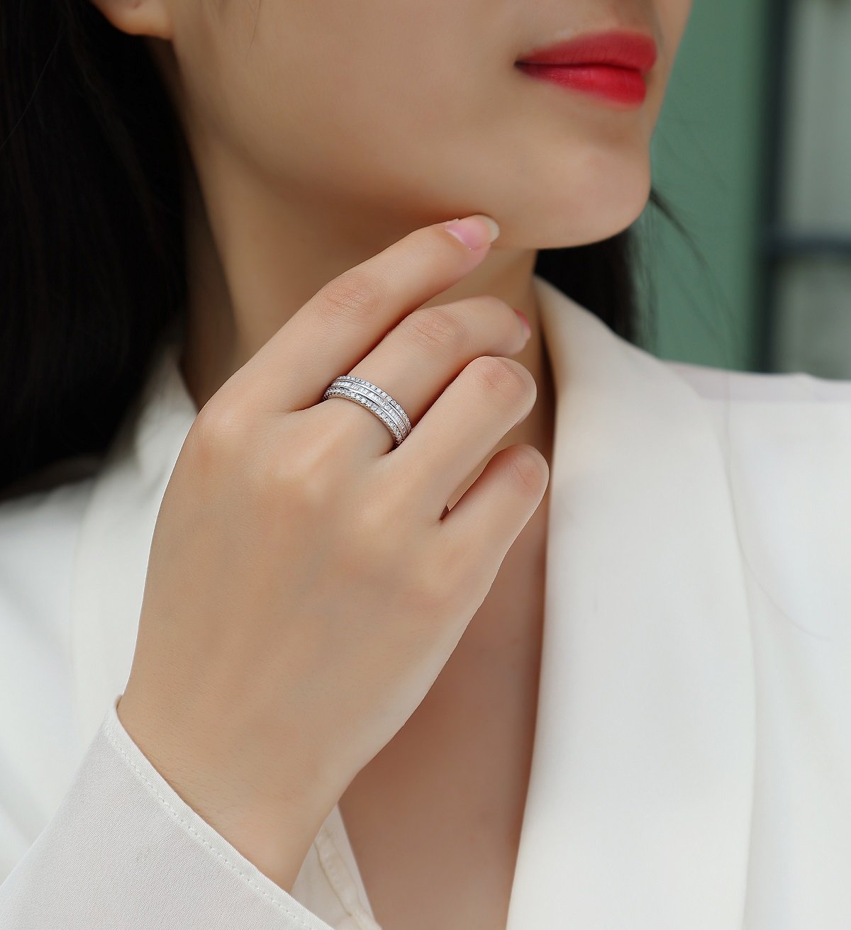 Baguette & Pave Full Eternity Moissanite Ring | 18K White Gold Plated 925 Silver - Image 8